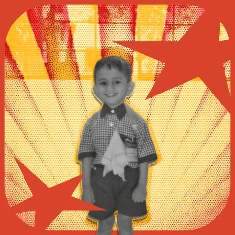a childhood portrait of yash bhalgat in a warm orange and yellow collage